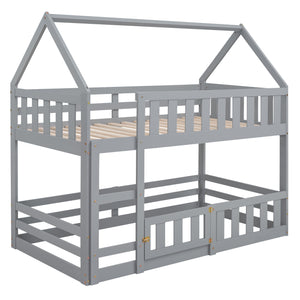 Twin over Twin House Bunk Bed with Fence and Door, Gray