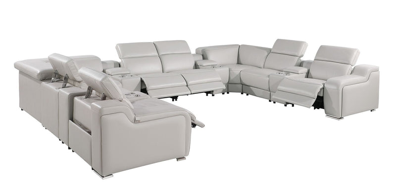Italian Leather Power Reclining U Shaped Twelve Piece Corner Sectional With Console - Light Gray