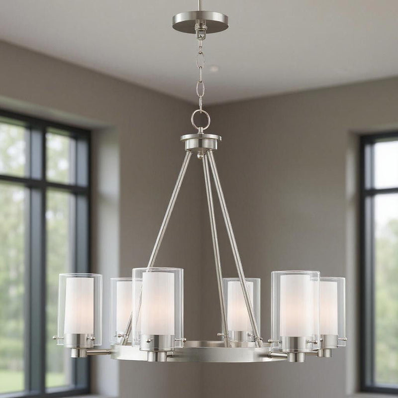 22'' Six Light Dimmable Chandelier With Shades - Nickel