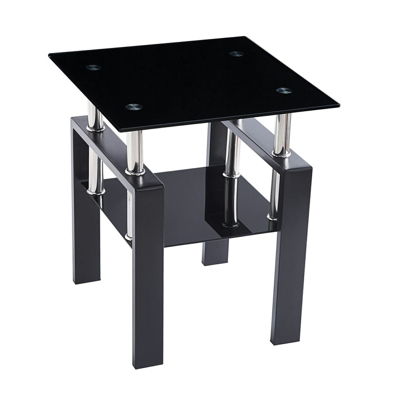 Glass Metal Square End Tables With Shelf - Black