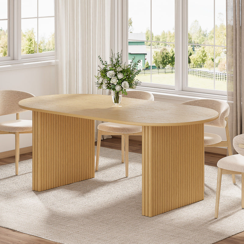 67" Solid Wood Mirrored Pedestal Base Oval Dining Table - Natural