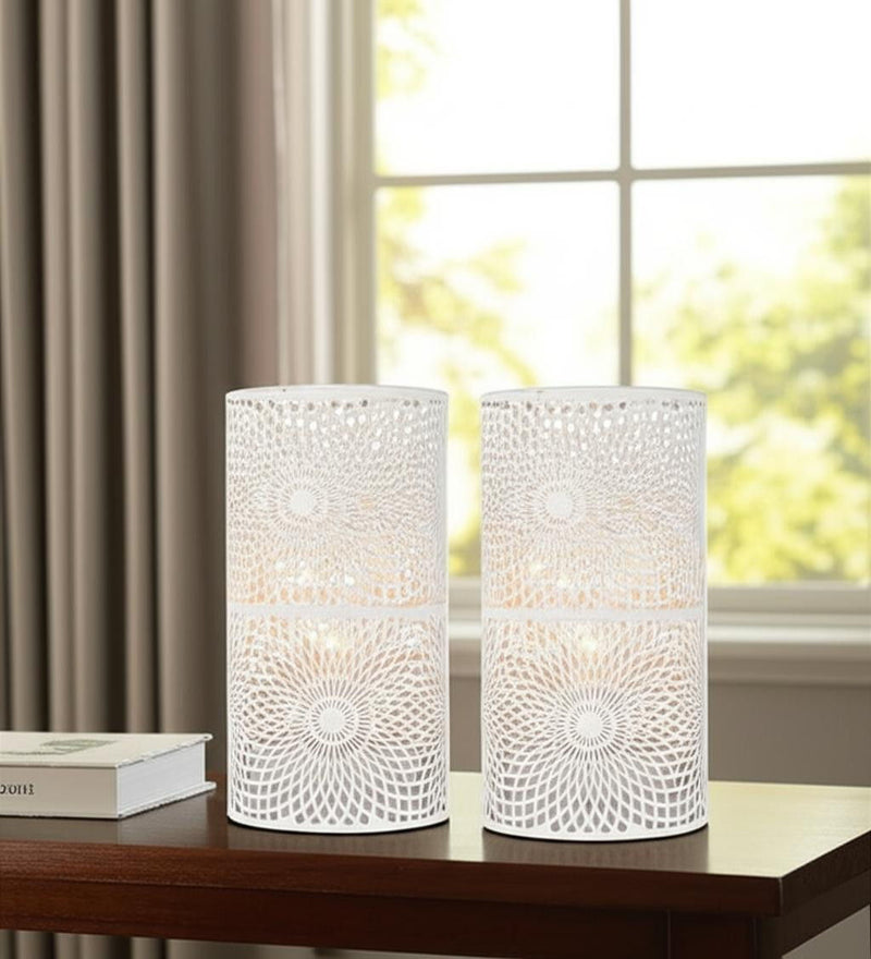 8" Metal Pierced Geometric Battery Operated Lamps With Cylinder Shades (Set of 2) - White