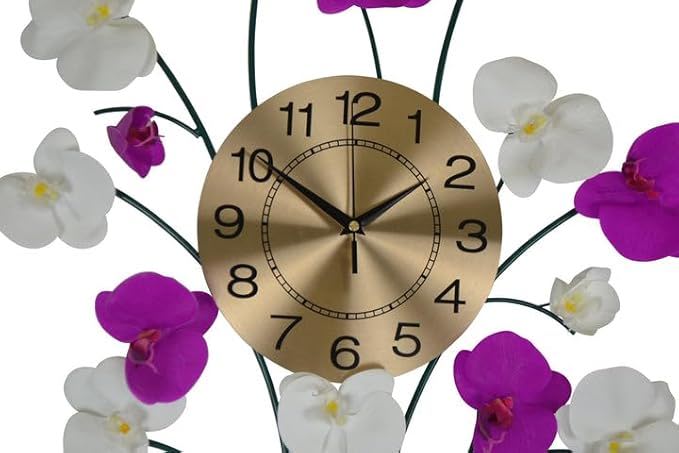 Silent Analog Floral Novelty Wall Clock - Purple / White / Gold