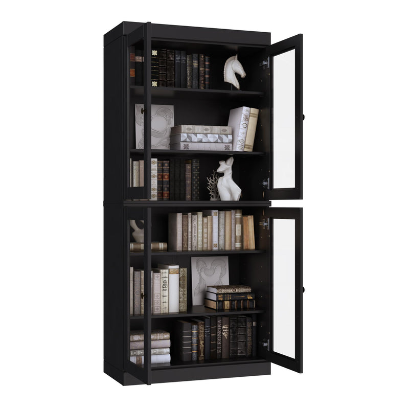 Solid Wood Adjustable Six Tier Library Bookcase With Four Doors - Black