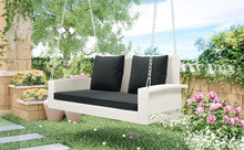 Load image into Gallery viewer, GO 2-Person Wicker Hanging Porch Swing with Chains, Cushion, Pillow, Rattan Swing Bench for Garden, Backyard, Pond. (White Wicker, Gray Cushion)
