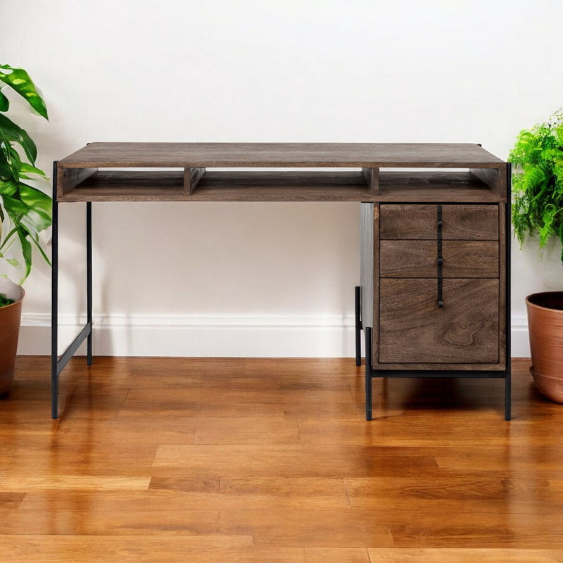 Wooden Writing Desk With 3 Drawers And 3 Open Shelves - Medium Brown
