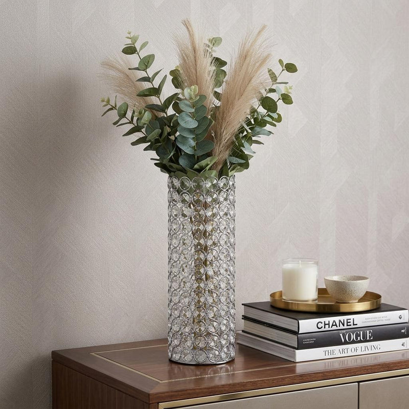 Crystal And Metal Cylinder Table Vase With Faux Crystals - Clear And Silver