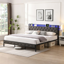 Load image into Gallery viewer, King Bed Frame with Storage Headboard, Charging Station and LED Lights, Upholstered Platform Bed with Heavy Metal Slats, No Box Spring Needed, Noise Free, Easy Assembly, Dark Gray
