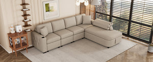 109.8"L-shaped Couch Sectional Sofa with Storage Chaise,Cup Holder and USB Ports for Living Room, Beige