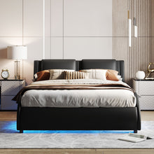 Load image into Gallery viewer, Queen Size Upholstered Faux Leather Platform Bed with LED Light Bed Frame with Slatted - Black
