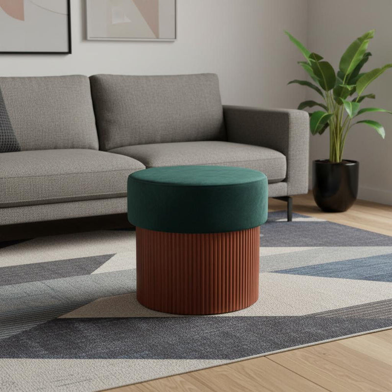 Fabric Round Ottoman - Green / Brown