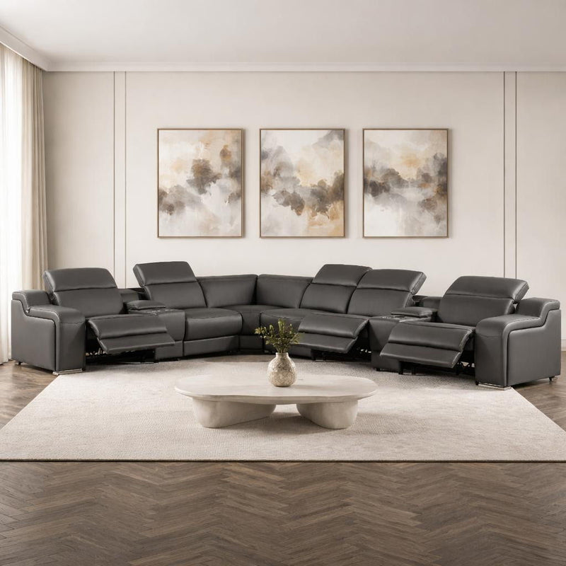 Italian Leather Power Reclining Curved Eight Piece Corner Sectional With Console - Gray