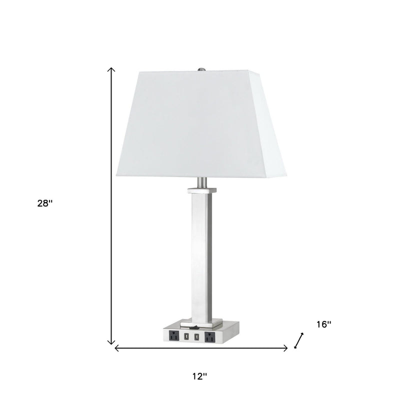 Metal USB Table Lamp With White Shade - Nickel