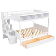 Load image into Gallery viewer, Twin over Full Bunk Bed with Shelfs, Storage Staircase and 2 Drawers, White
