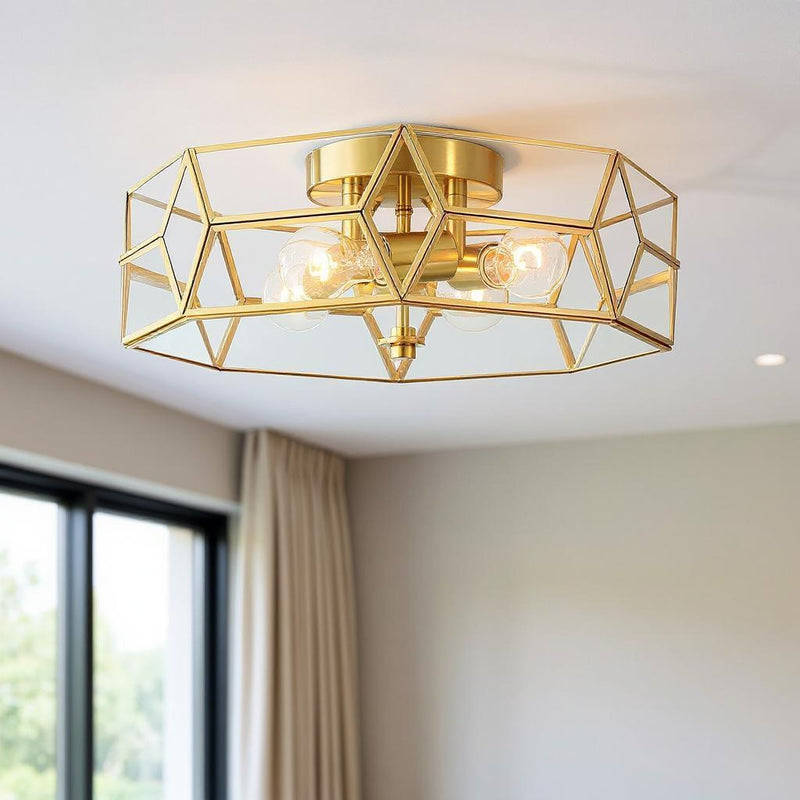18'' Unique Statement Four Light Metal Dimmable Flush Chandelier With Shades - Brass