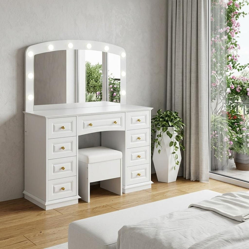 Mirrored Nine Drawer Vanity Table Lights - White