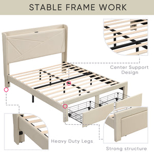 Queen Size Bed Frame with 2 Storage Drawers, Upholstered Bed Frame with Wingback Headboard Storage Shelf Built-in  USB Charging Stations and Strong Wood Slats Support, No Box Spring Needed, Beige