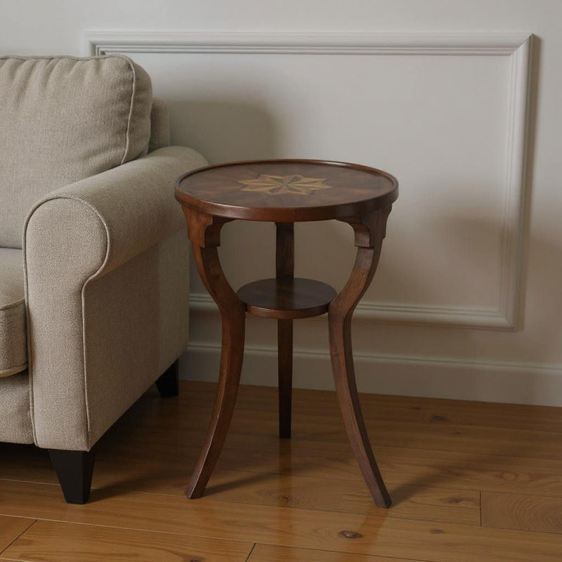 Wood And Solid Wood Round End Table With Shelf - Wood Brown