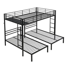 Load image into Gallery viewer, Modern Metal Triple Bunk Bed With Vertical Ladder, Safety Rail, And Storage Shelf - Black
