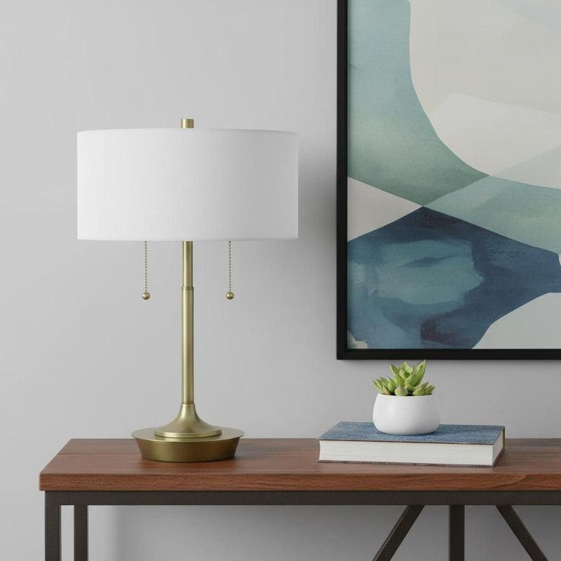 Metal Two Light Candlestick Table Lamp With White Drum Shade - Antiqued Brass