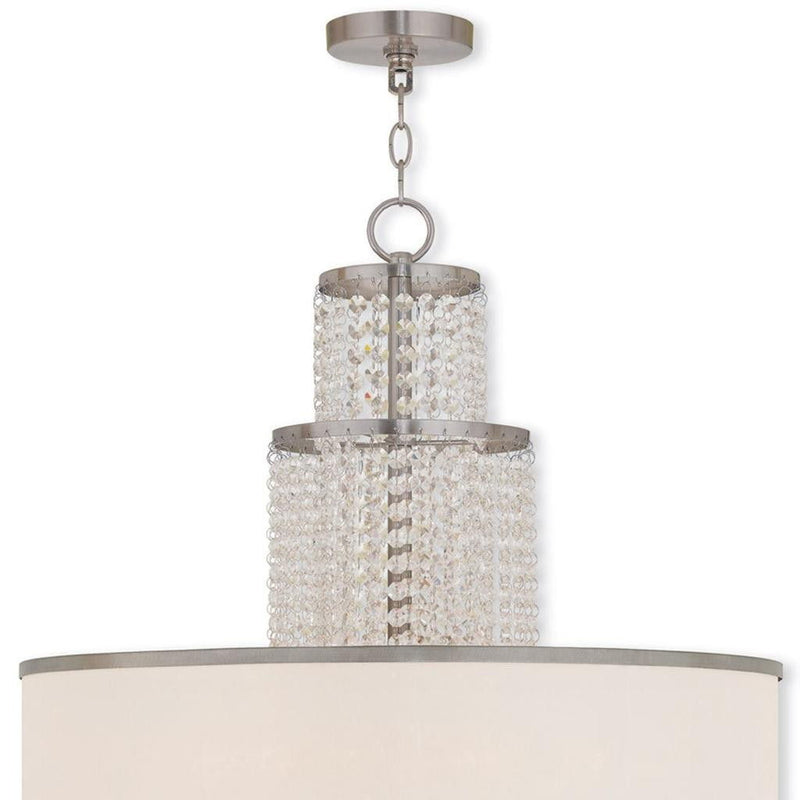 Six Light Metal Dimmable Chandelier With Shades - Nickel / Clear / Off White