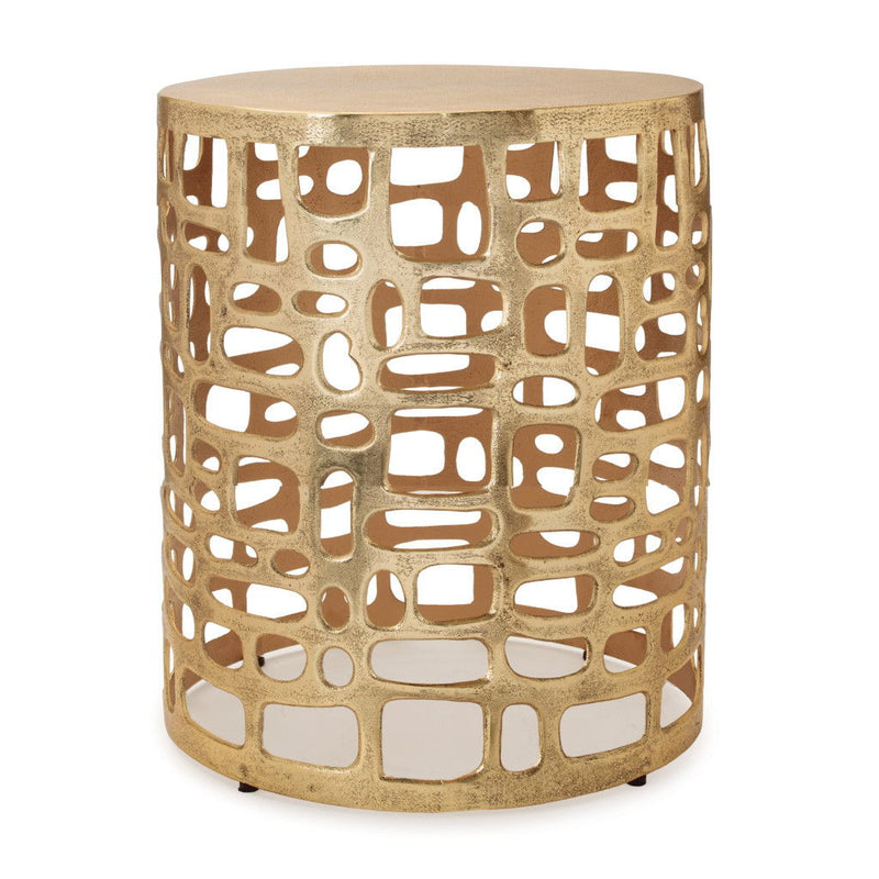 Modern Abstract Cut Out Round Drum End Table - Gold