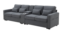 Load image into Gallery viewer, [VIDEO provided] [New] 114.2&quot; Upholstered Sofa with Console, 2 Cupholders and 2 USB Ports Wired or Wirelessly Charged, Modern Linen Fabric Couches with 4 Pillows for Living Room, Apartment (4-Seat)
