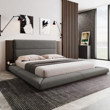 Load image into Gallery viewer, Floor Upholstered Platform Bed With Extended Headboard &amp; Bedside Shelf
