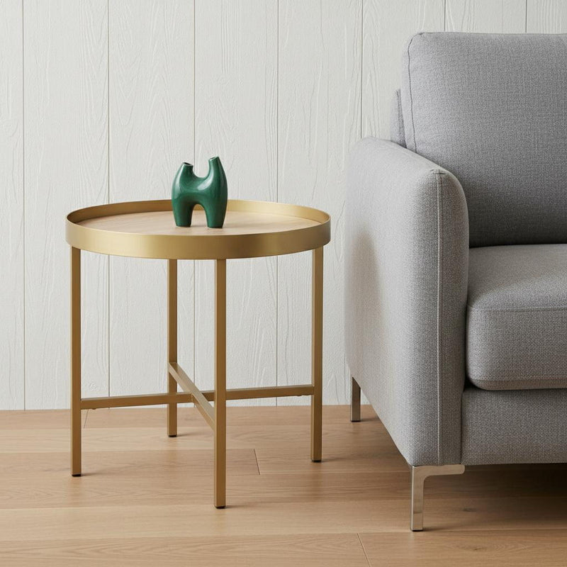 Manufactured Wood And Metal Round End Table - Gold And Oak