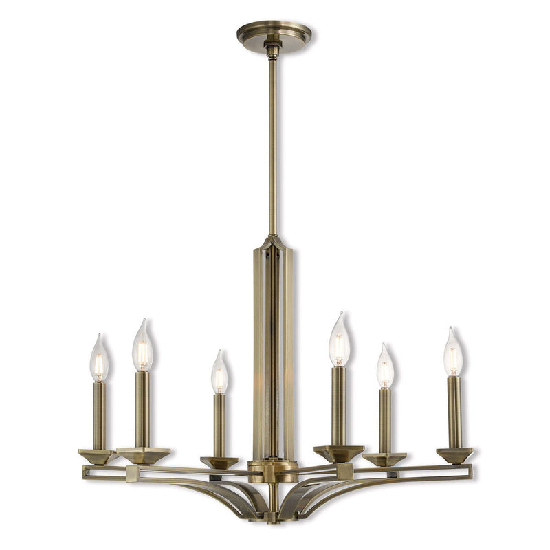27'' Six Light Dimmable Chandelier With Shades - Antiqued Brass