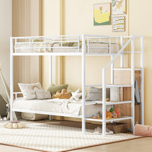 Load image into Gallery viewer, Twin Over Twin Metal Bunk Bed with Lateral Storage Ladder and Wardrobe, White
