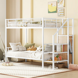 Twin Over Twin Metal Bunk Bed with Lateral Storage Ladder and Wardrobe, White