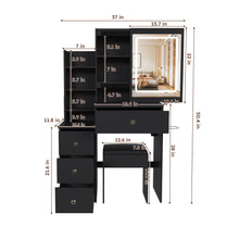 Load image into Gallery viewer, Vanity Desk With 3 LED Lighting Modes, 4 Drawers, Open Shelves, Hair Dryer Holder &amp; Power Socket Dressing Table Set With Chair - Black

