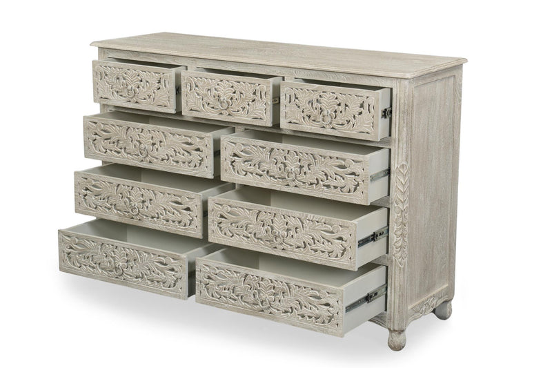 Carved Floral Solid Wood Nine Drawer Dresser - Gray