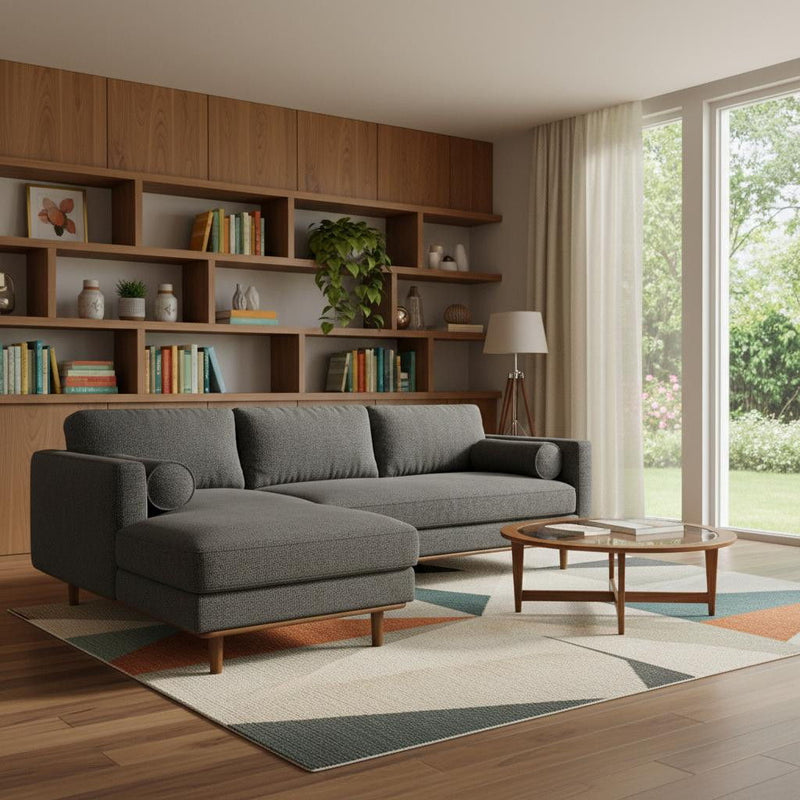 Mid-Century Sofa With Brown Legs Fabric - Gray