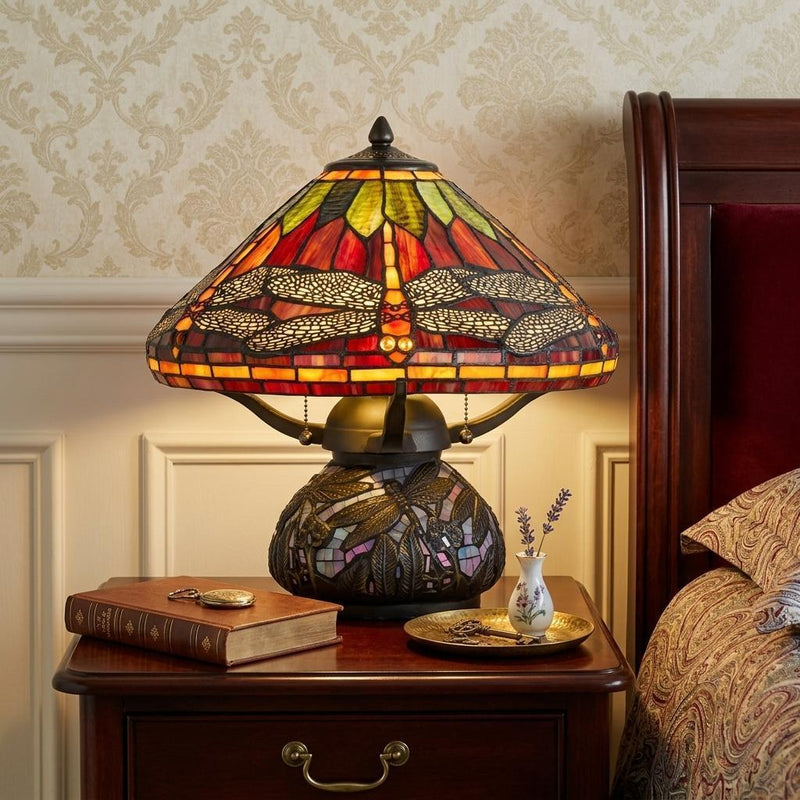 Dragonfly Two Light Round Animals Tiffany Lamp With Empire Shade - Orange And Bronze