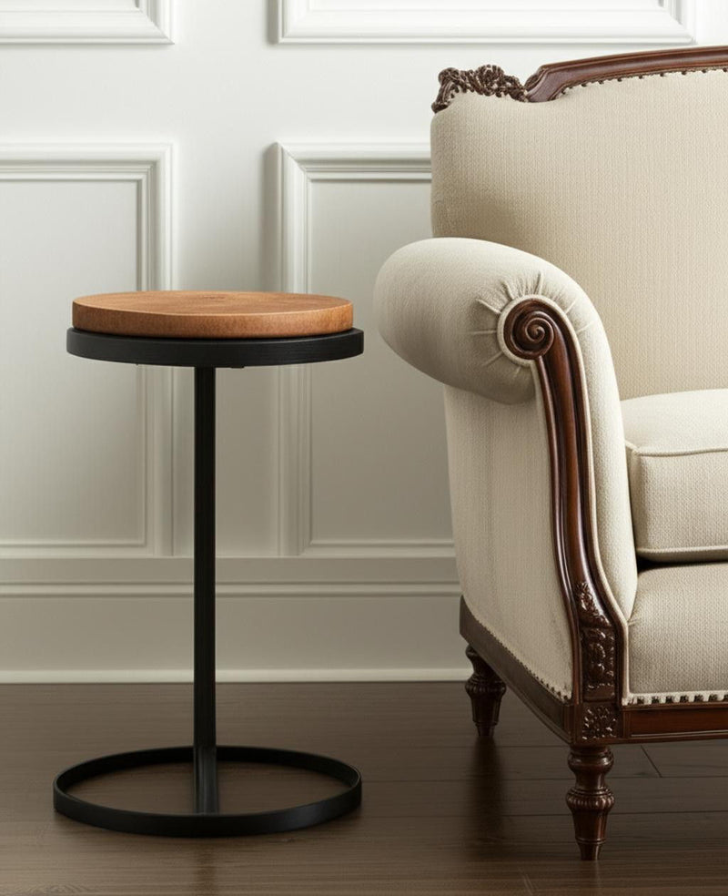 25" Wood And Iron Round Pedestal End Table - Brown And Black