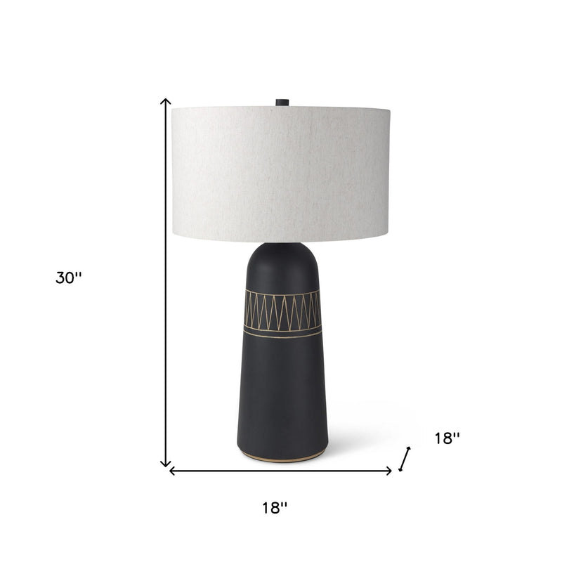 30" Ceramic Round Bedside Lamp With Cream Drum Shade -Black