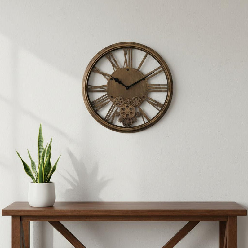 Silent Skeleton Exposed Gear Round Wall Clock (626341) - Antiqued Gold / Black