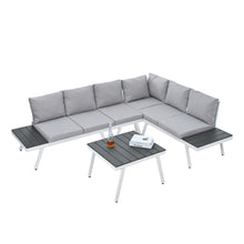 Load image into Gallery viewer, TOPMAX Industrial 5-Piece Aluminum Outdoor Patio Furniture Set, Modern Garden Sectional Sofa Set with End Tables, Coffee Table and Furniture Clips for Backyard, White+Grey
