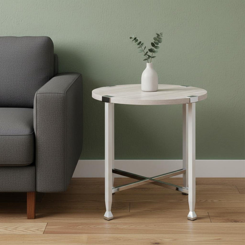 Manufactured Wood And Metal Round End Table - Chrome And White Oak