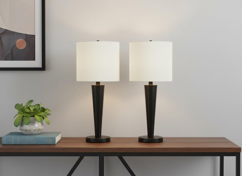 Metal Candlestick USB Table Lamps With Ivory Drum Shade (Set of 2) - Black