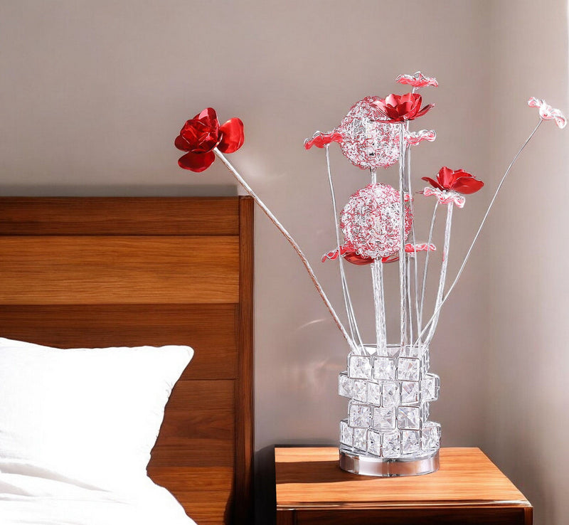 Metal And Faux Crystal Geometric And Roses Bedside Lamp - Silver And Clear