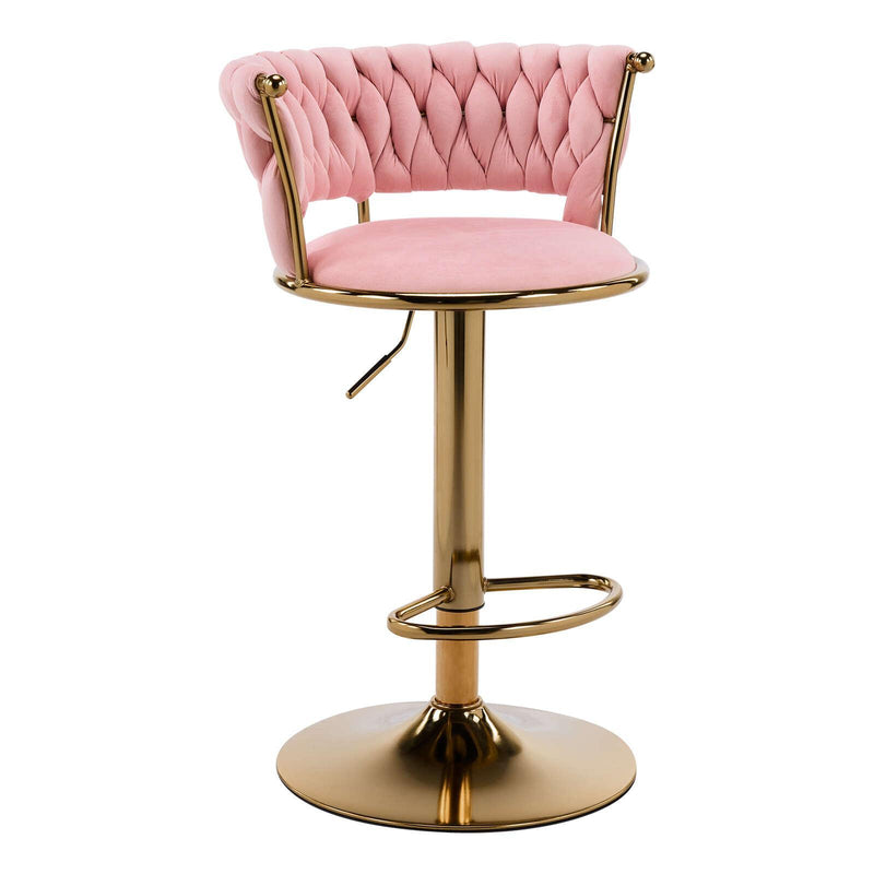 Velvet And Metal Low Back Adjustable Height Swivel Bar Chair - Pink And Gold