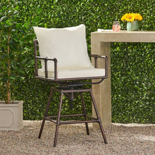 Load image into Gallery viewer, Industrial Outdoor Patio Plumber&#39;s Iron Frame Swivel Barstool With Cushions, Height Adjustable
