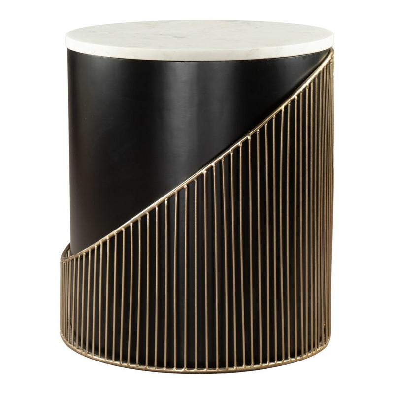 Marble Iron And Wood Round Drum End Table - White Black And Gold