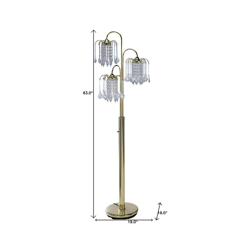 Three Lights Candelabra Floor Lamp With Clear Faux Crystal Shades - Gold