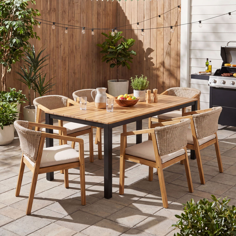 7 Piece Outdoor Dining Set With Table And 6 Chairs - Beige / Brown Mix / Light Teak / Teak