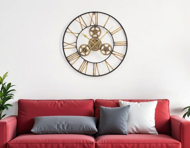 Analog Exposed Gear Round Wall Clock - Black / Gold