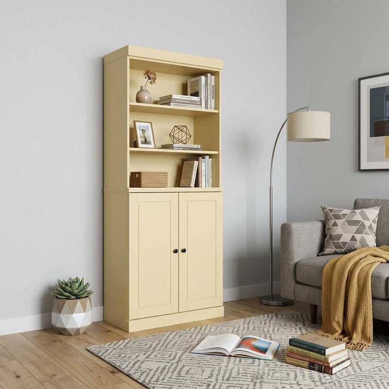 Solid Wood Adjustable Six Tier Library Bookcase With Two Doors (745684) - Yellow